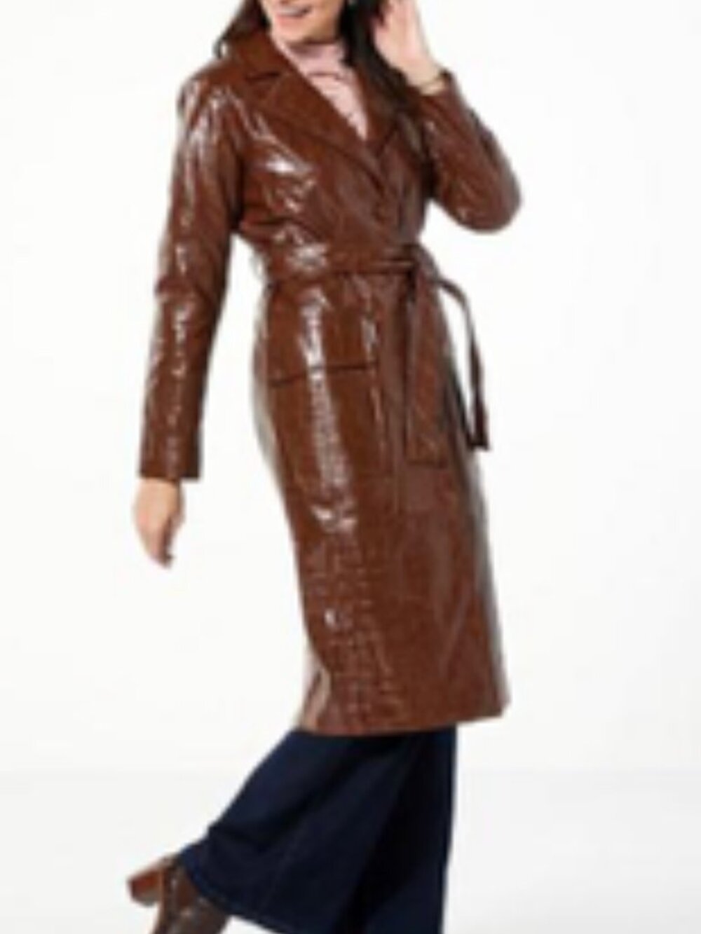 G by Guiliana Black Label Chocolate Brown Croc Embossed Faux Leather Belted Coat